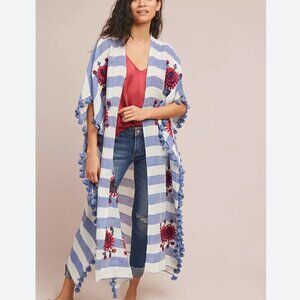 Anthropologie Citrus bold stripe embroidered pom pom trim kimono one size EUC
